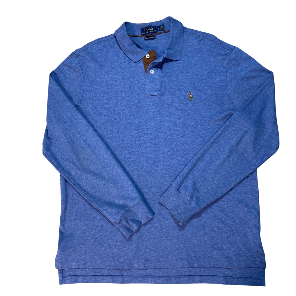 L Polo Ralph Lauren Mens Blue Pima Soft Touch Long Sleeve Button Polo Shirt